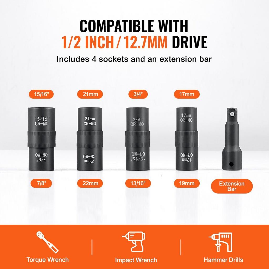 Lug Nut Impact Socket Set 1/2 In Drive Metric and SAE 6-Point Flip Socket