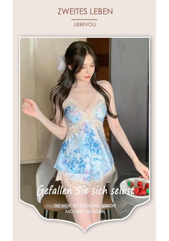 Women's Ice Silk Lace Pajama Set - Camisole & Shorts for Spring/Summer/Autumn