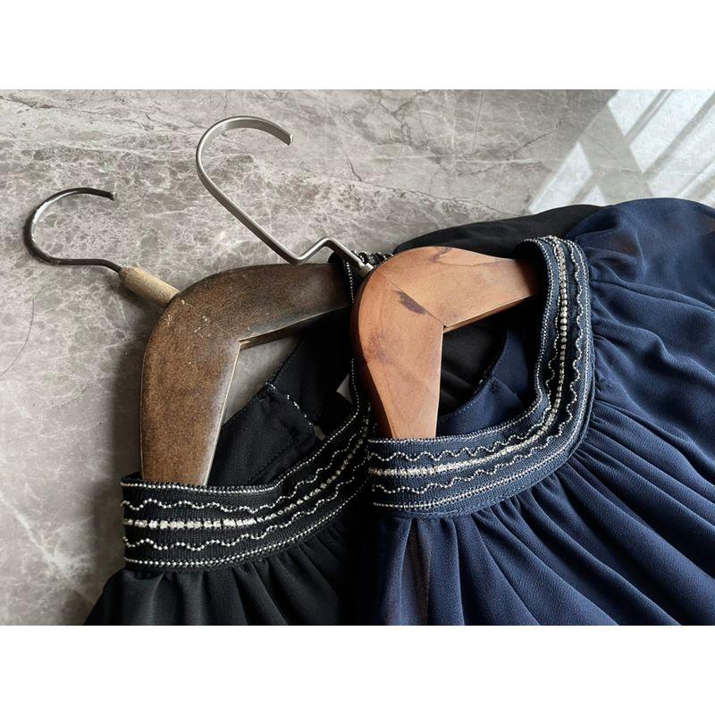 

Элегантное платье с длинными рукавами из шифона в скандинавском стиле с бисерным воротником Dark blue Dress 38