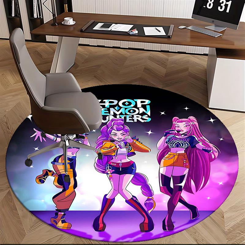 1pc KPOP Demon Hunters Anime Cartoon Design Round Carpet  Office Chair Mat, NonSlip Rug for Home Decor, Living Room, Bedroom