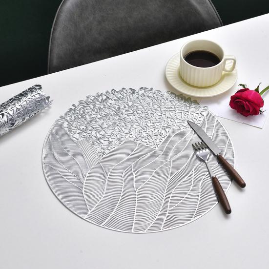 Round PVC Placemats with Gold Foil Leaf Pattern Heat Resistant Waterproof Table Mat Warm Dining Atmosphere Mats for Home Dining Party Decor
