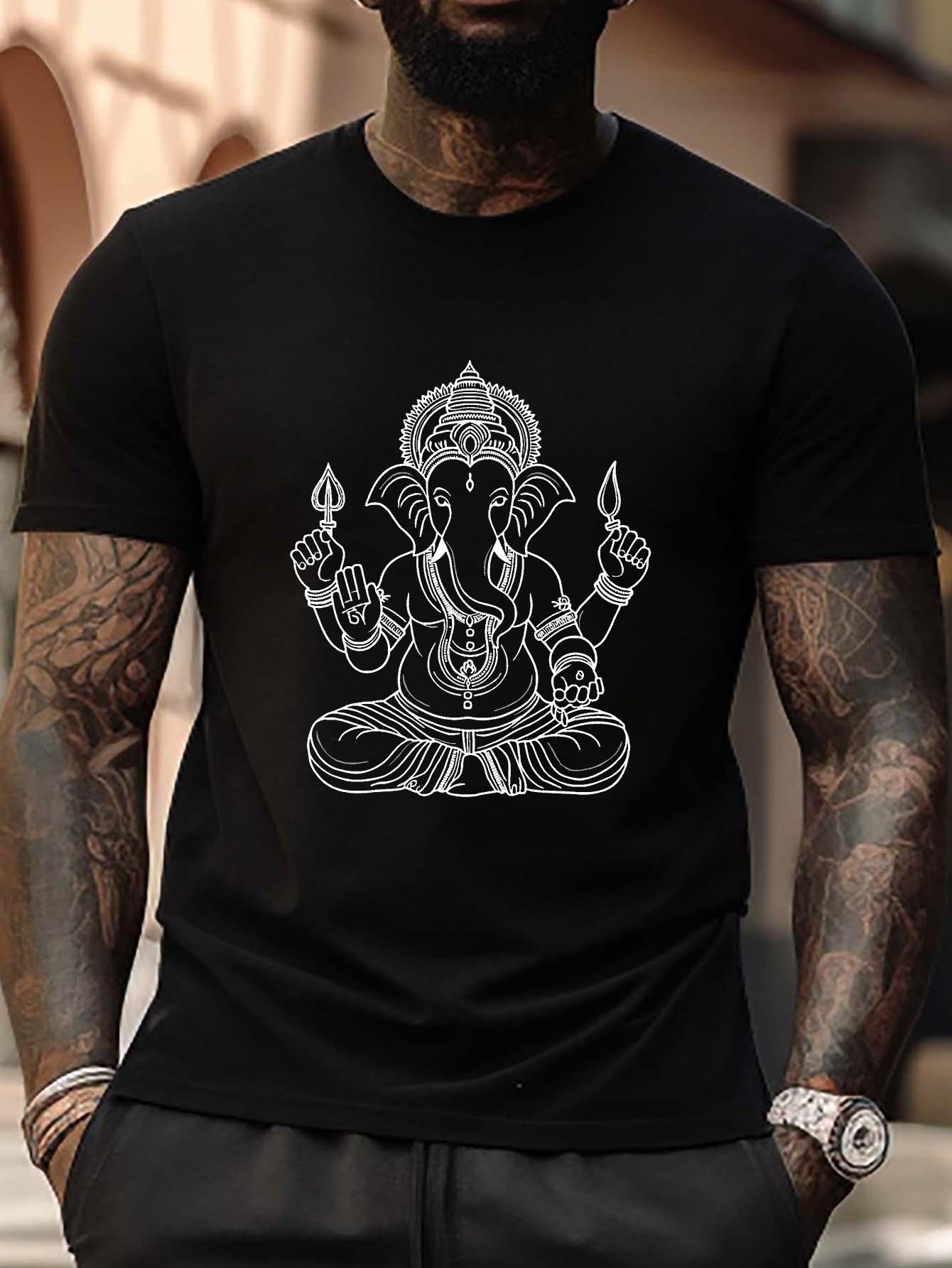 Plus Size Hindu Deity Ganesha Graphic T-shirt - Black & White Intricate Line Art Design XXXXL
