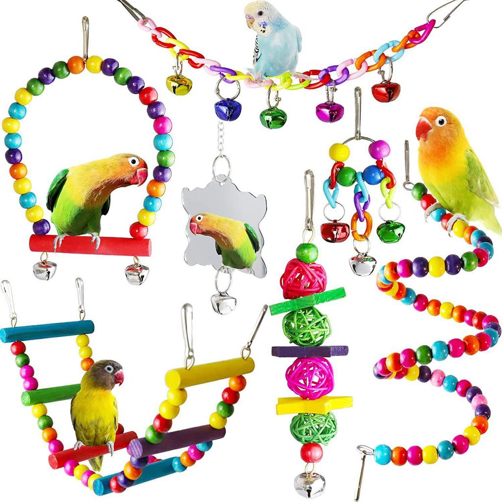 Ensemble de 11 jouets pour perroquet: Accessoires Cage à Oiseaux avec Échelle, Balançoire, Anneau à Suspendre et Balle Éducative