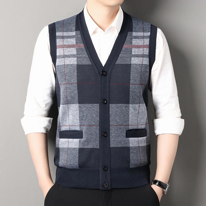 Autumn Male Vest Sleeveless Sweater Fleece Cardigan Warm Knitted Checkered Business Casual Button Up Coat Men's Clothing