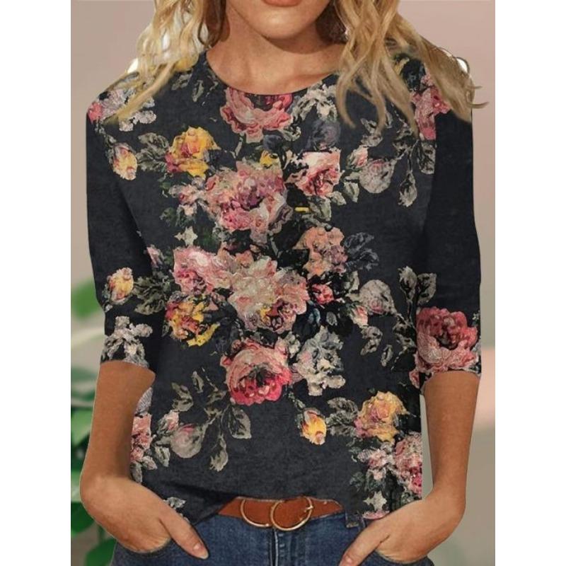 Women's T-shirt 3D printed retro floral print casual long sleeved shirt