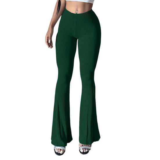 Women Flared Pants Elastic High Waist Solid Color Long Pants Ribbed Texture Yoga Running Cycling Trousers