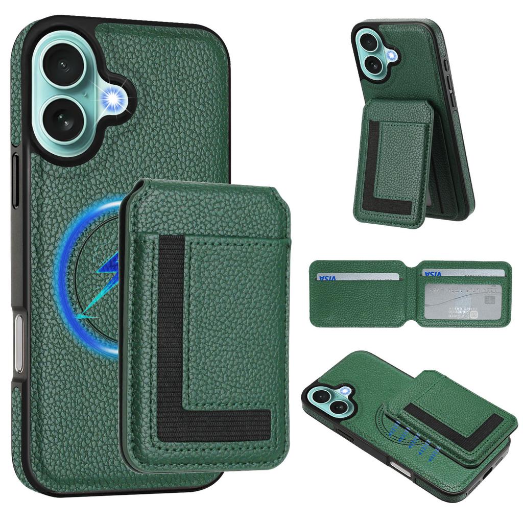 Applicable to iPhone16 mobile phone case, Samsung S25 lychee pattern wireless charging magnetic card bag bracket multi-function anti-drop