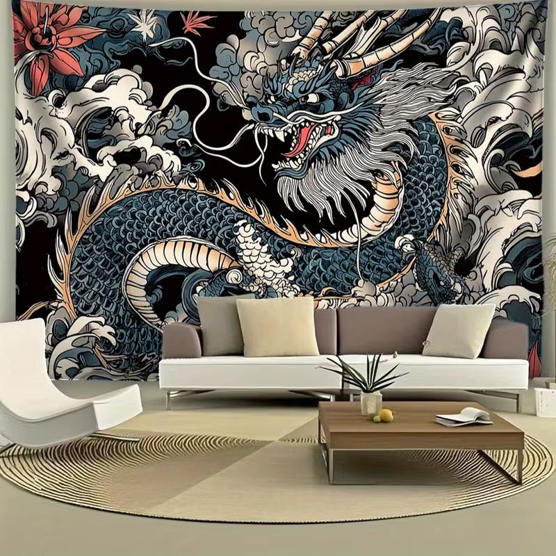 2D Oriental Dragon Wave Tapestry Black Background Home Background Cloth