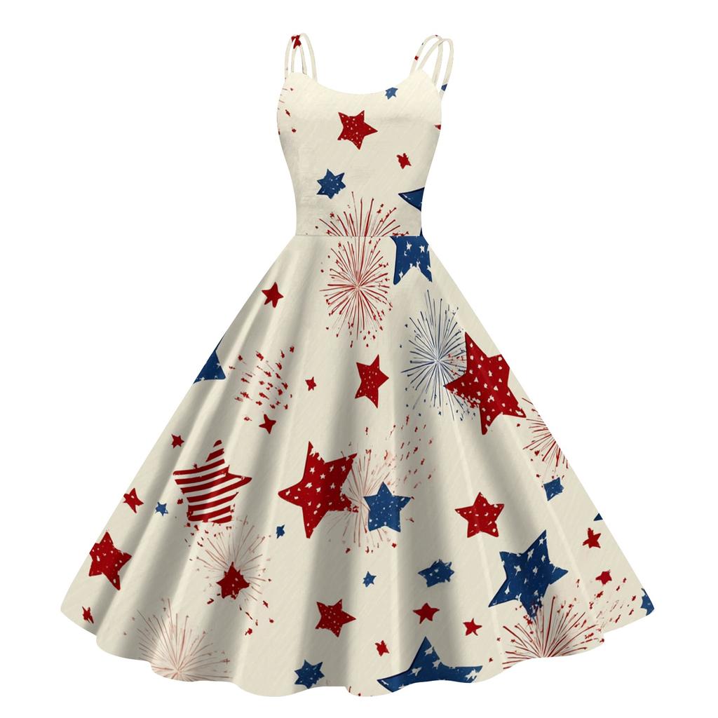 Women Sleeveless Vintage Swing Dress with Star and Firework Print Classic Midi Length Summer Sundress