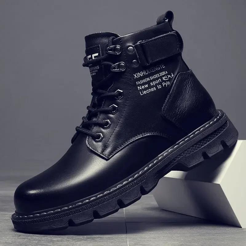 Men's Boots Autumn/winter 2024 Men's Boots Korean Version High Top Casual Lace Up Flat Bottomed Round Toe Comfort Leather Shoes