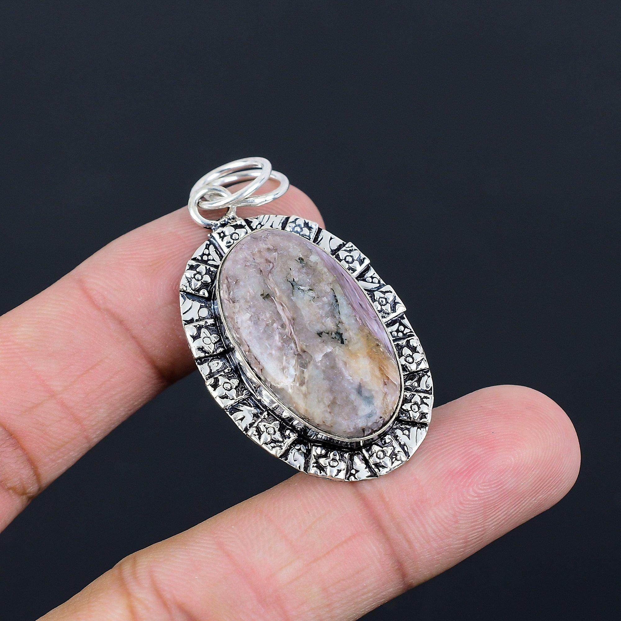 Womens day Deal Sterling Silver Third Eye Chakra Charoite Gemstone Boho Pendant