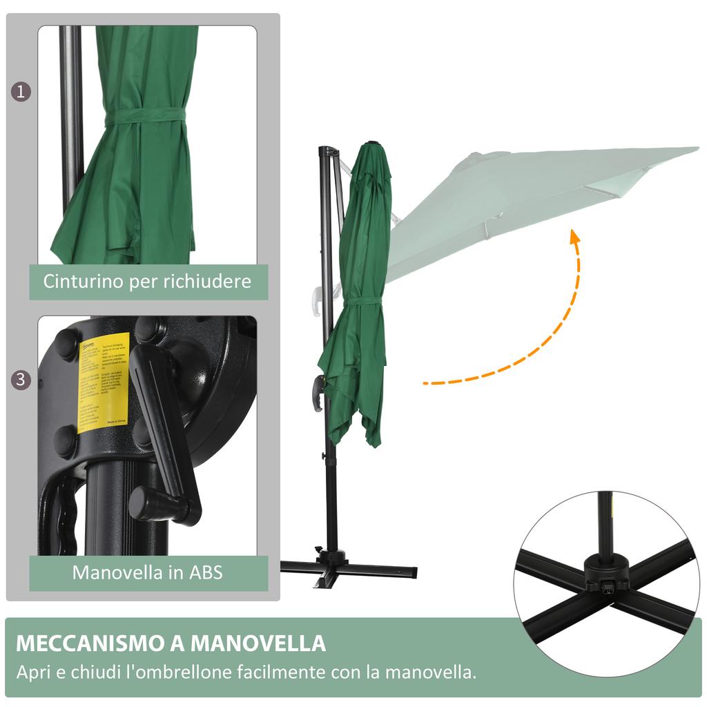 Square Umbrella Parasol W/360 Degrees Rotation, 245Lx245Wx248H cm-Green