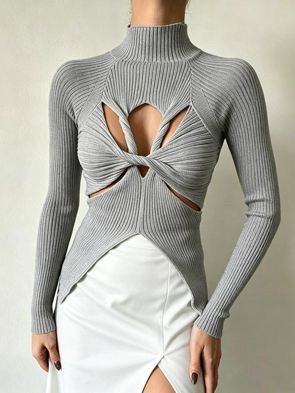 2026 Summer Women's Elegant Hollow Twist Knit Sweater - Slimming Waist, Half High Collar Knitwear