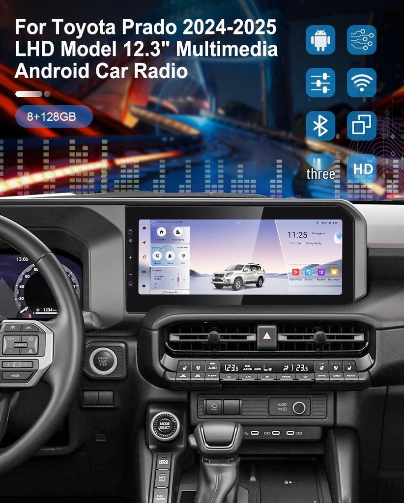 Toyota Prado 12.3-inch Android Infotainment System with Wireless CarPlay & Navigation.