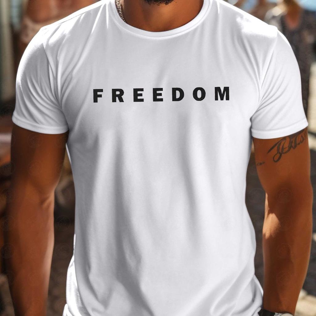 Men's White Loose Fit Free Slogan T-shirt Short Sleeved Round Neck Summer Top Moisture Wicking New Product Quick Drying