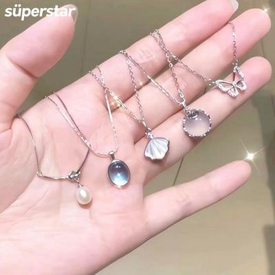 Halskette mit Zirkonia, Muschel, Schmetterling, Herz, künstlichen Perlen, Silberkette, Choker für Damen, Schmuckaccessoires