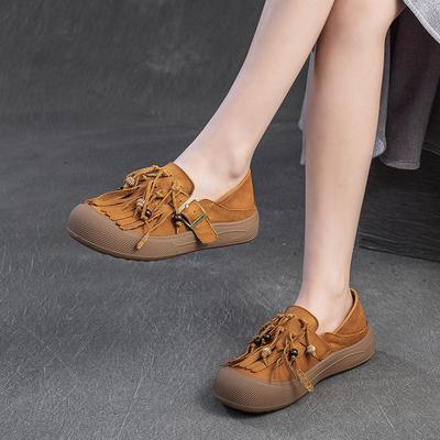 Fashion Spring Autumn Genuine Leather Flat Shoes for Women with Soft Soles Tassel Retro Women's Shoes with Top Layer Cowhide Casual Shoe
