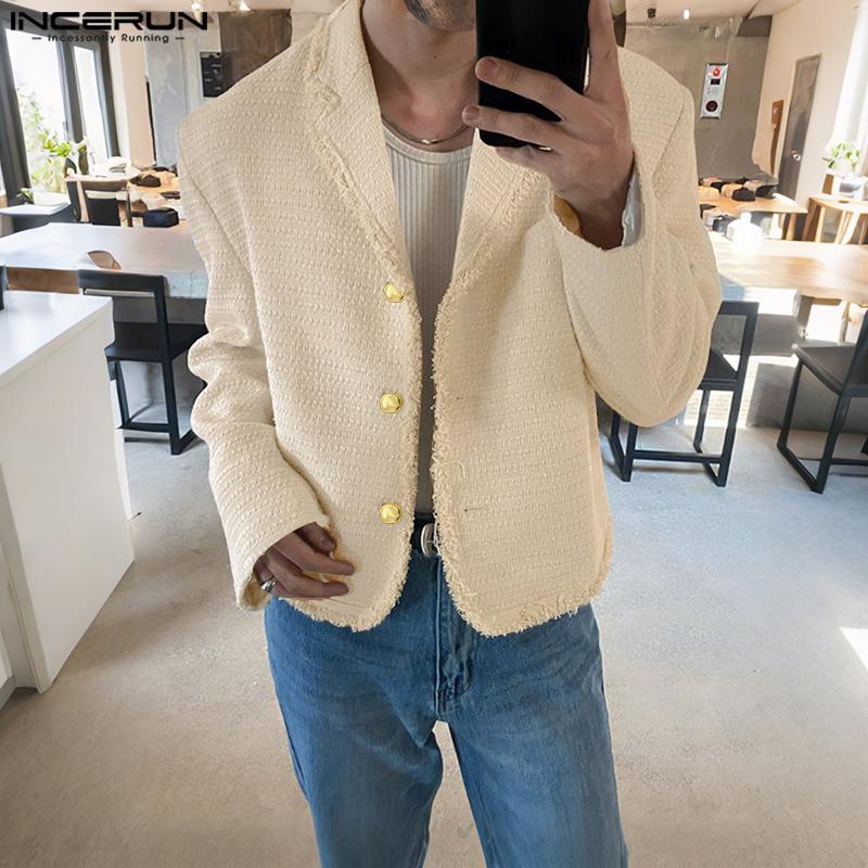 INCERUN Autumn Men Lapel Long Sleeve Buttons Cropped Short Texture Blazer Coats