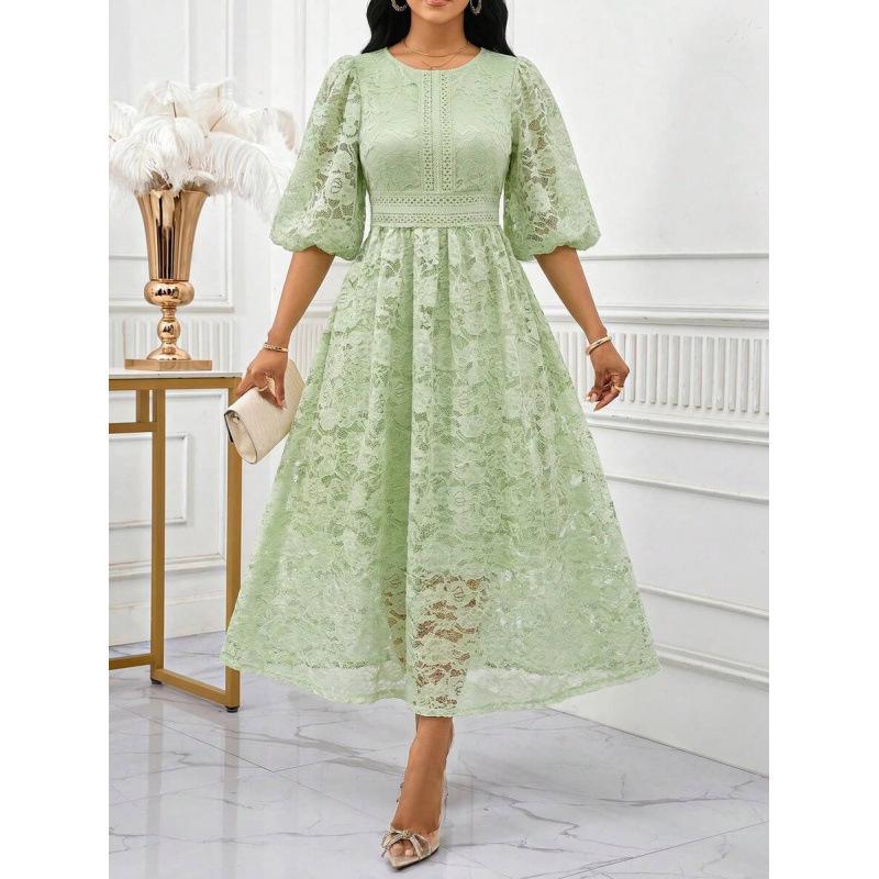 European summer new elegant temperament bubble sleeve lace splicing waist round neck dress women S