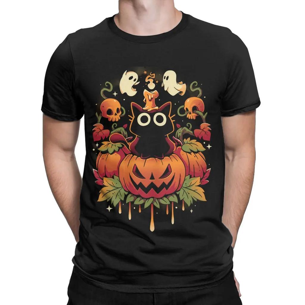 Novelty HALLOWEEN TRICK Black Cat T-Shirts Men Crewneck 100% Cotton T Shirts Cute Ghost Pumpkin Short Sleeve Tees Party Clothing