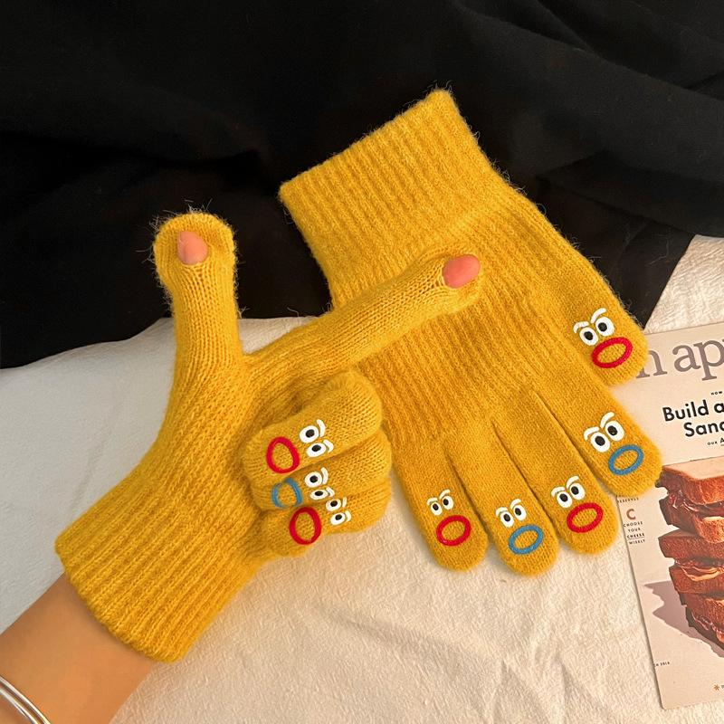 Big mouth monster gloves five fingers cute Korean version wool knitted thickened thermal gloves women's winter riding can touch screen