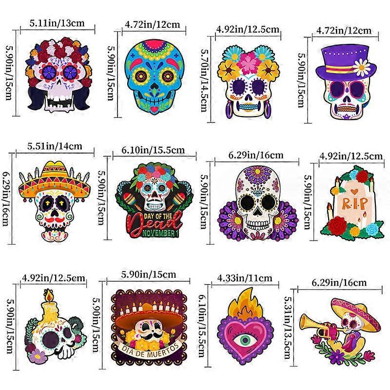 12 Pieces Day of The Dead Sugar Skull Halloween Paper Ornaments Ghost Hanging Indoor Skeleton Cats Decorations for Mexican Halloween Party Indoor Pati