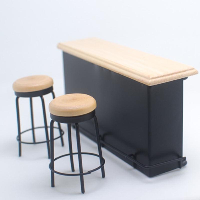 3Pieces Doll House Furniture Bar Counter with 2 Bar Stools and Bar Table for Craft Project Bar Scene Display Accessory