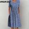 IHUASU 30 Color Pleated Midi Dress Short Sleeve Round Neck Loose Hem Mid-Calf Length Women Floral A-Line Party Dress Casual Wear
