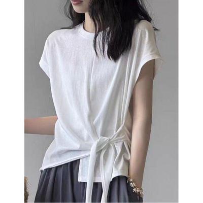 Nuevo Top de Moda de Color Sólido con Tirantes de Manga Corta y Cuello Redondo, Empalmado, Holgado, Adelgazante