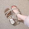 CRLAYDK Sandals for Women Dressy Summer Flat Strappy Fashion Beach Ladies Slip On Slides Leather Casual Low Heel Slippers