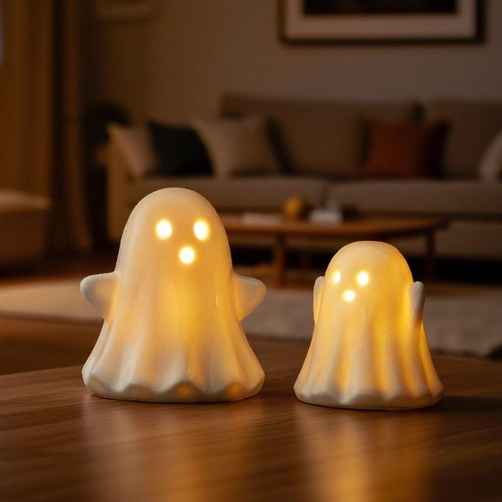 2pcs Ceramic Halloween LED Ghost Ornaments Cartoon Halloween Party Decoration  Bedroom