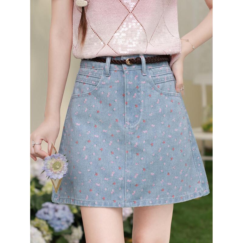 Women s Blue Floral Denim A-Line Skirt M