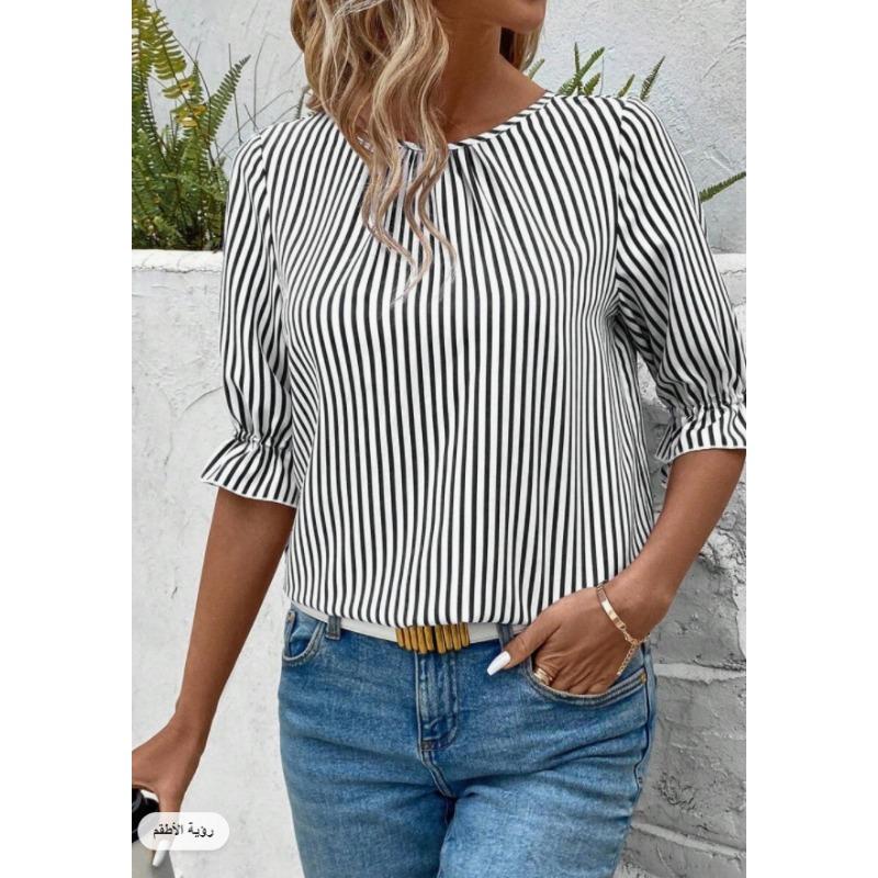 women s Pleated Round Neck Ruffle Cuff 3/4 Sleeve Striped Blouse Casual Commuter Shirt Top S чёрный