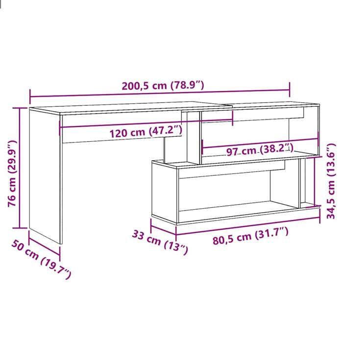 VidaXL Bureau d'angle vieux bois 200,5x50x76 cm bois d'ingénierie, bureau, bureau d'écriture, bureau d'ordinateur, bureau de 855956