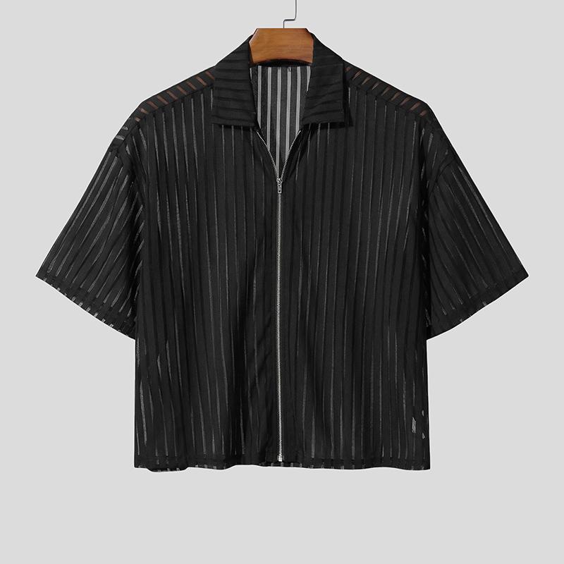 

INCERUN Summer Men Short Sleeve Zip-up Mesh See Through Hollow Beach Cropped T-shirts Tops XL чёрный