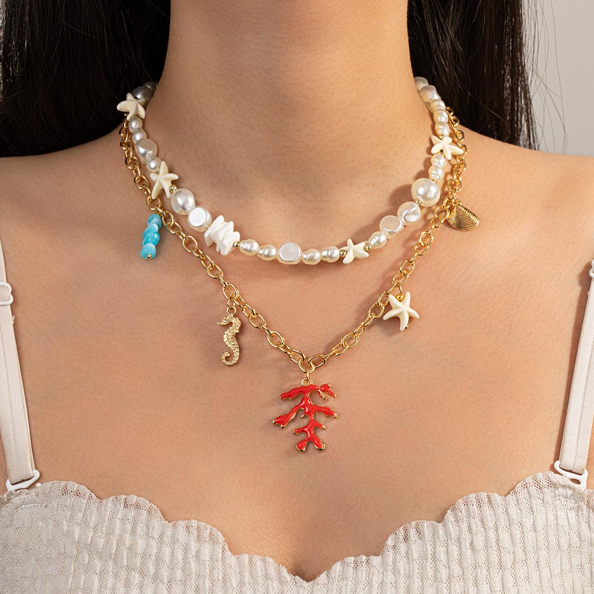 2 pieces of beach style alloy coral seahorse chain design tassel necklace, double-layer layered imitation pearl women s necklace