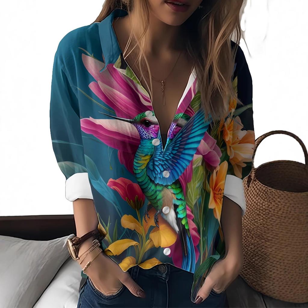 1116 Neues Damen Langarmshirt Sommer Europäischer und Amerikanischer Trend 1D Bedrucktes Hemd