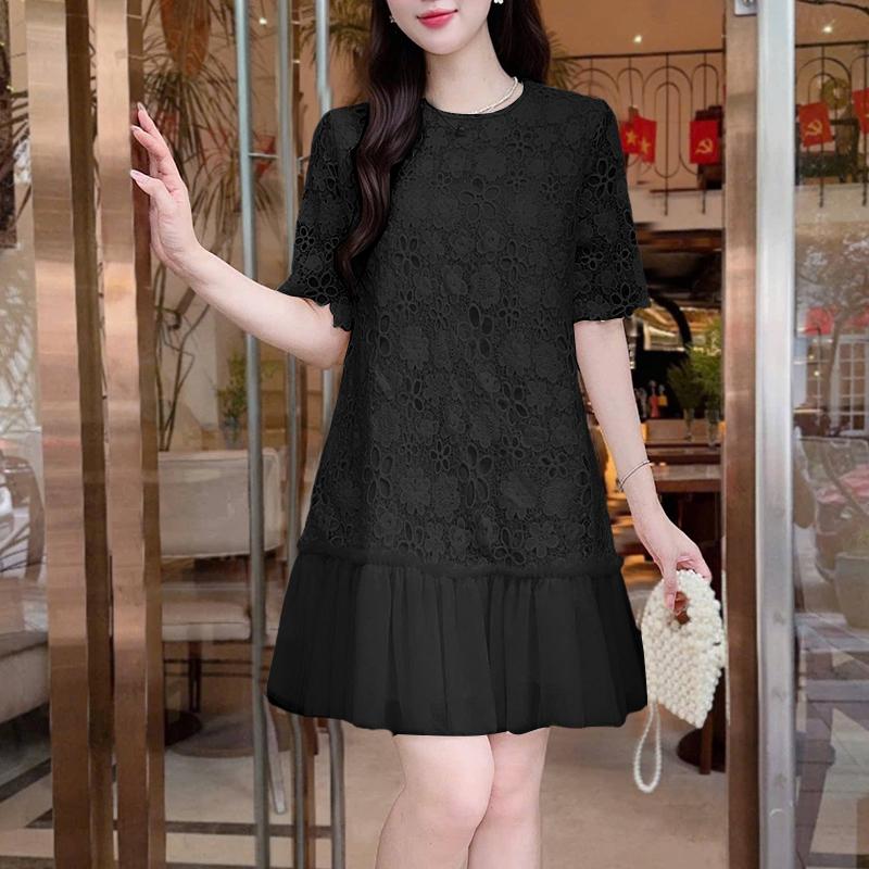 ZANZEA Women Casual Round Neck Short Sleeve Patchwork Lace Crochet Dress