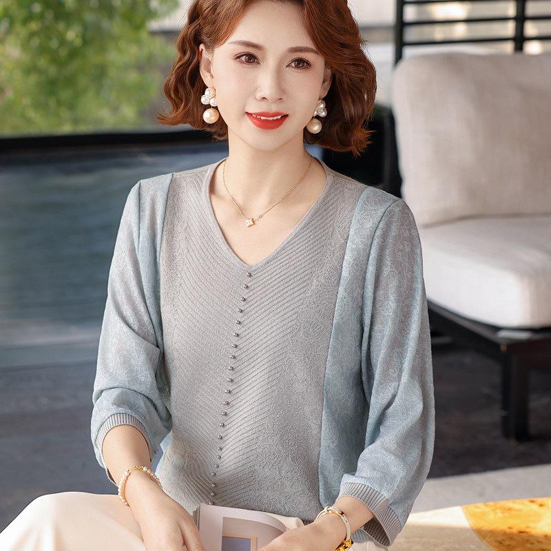 

Women s Spring V-Neck Ice Silk T-Shirt with Gauze Sleeves for Middle-Aged and Elderly, Stylish Summer Base Layer 3XL (for 135-145 jin)