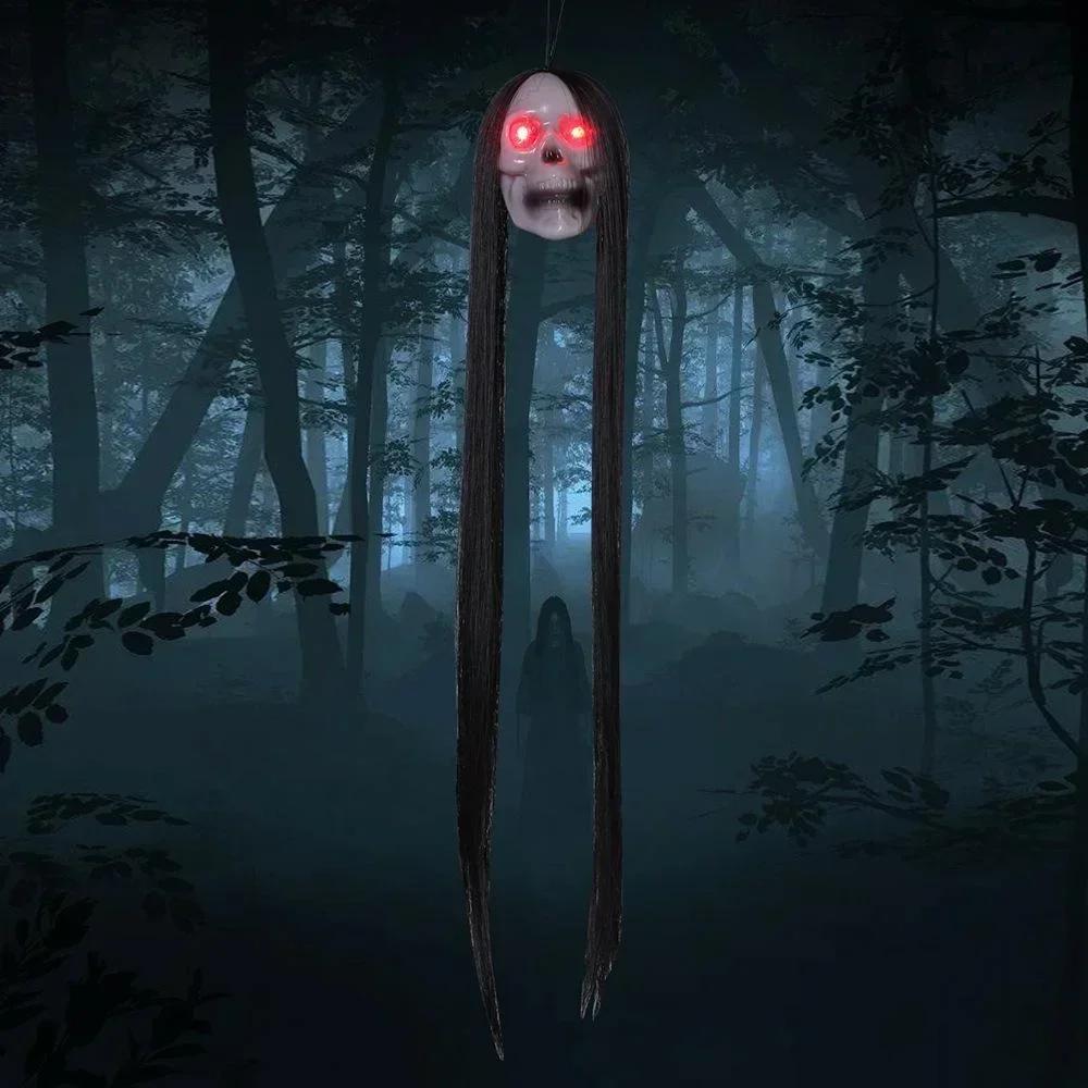 Halloween Ghost Skeleton Head With Long Hair Red Blinking Eye Horror Photo Prop For Home Garden Outdoor Party Decoration Decor
