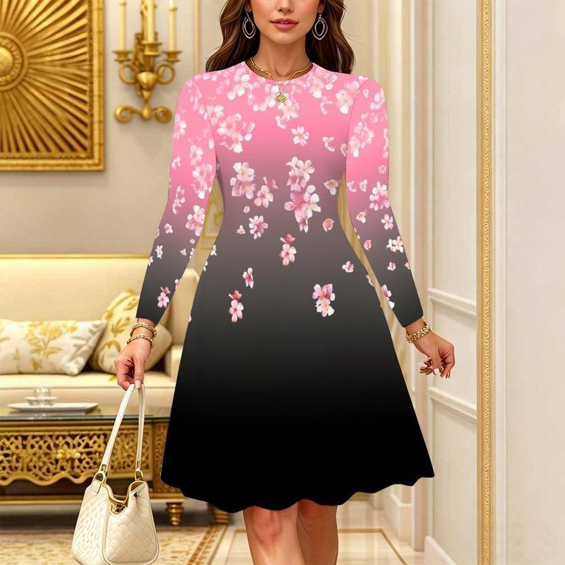 Women's Bohemian Casual Midi Dress Print Round Neck Long Sleeve A Line Loose Swing Dresses