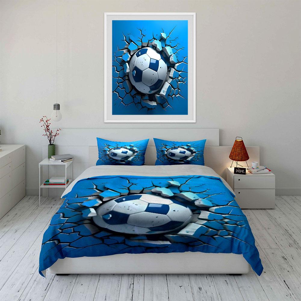 Cool 3D Soccer Ball Breaking Through Wall 3Pcs Bedding Set Soft Microfiber Bedding Set For Football Fans & Boys Room Decor