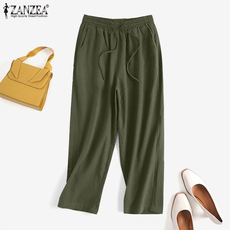 

ZANZEA женские летние повседневные брюки на шнурке свободные хлопковые укороченные брюки с эластичной резинкой на талии #2