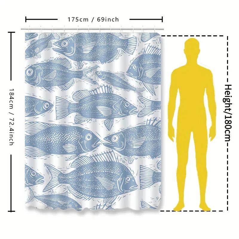 Blue Fish Shower Curtain Decorative Bathroom Waterproof Fabric Bath Mats For Home Decoration White Blue Floral Pattern Watercolo