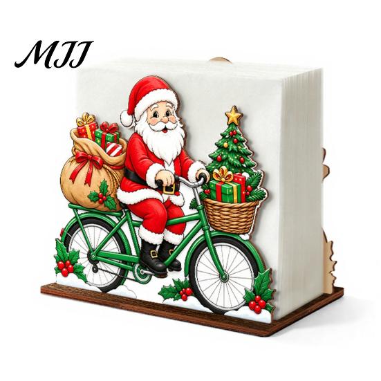 Decorative Wooden Napkin Stand Christmas Tissue Holder, Dispenser with Santa Gingerbread House Elk Pattern, Organizer for Dining Table Kitchen Holiday