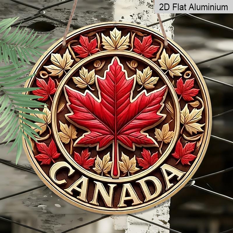 2D Flat Printed, 1pc Round Aluminum Canada Maple Leaf Sign, Retro Metal Wall Art, Vintage Style, Waterproof & Durable, Easy to Install, Perfect for