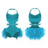 Girls Latin Dance Costume Sparkly Rhinestones Halter Leotard with Feather Skirt for Performance