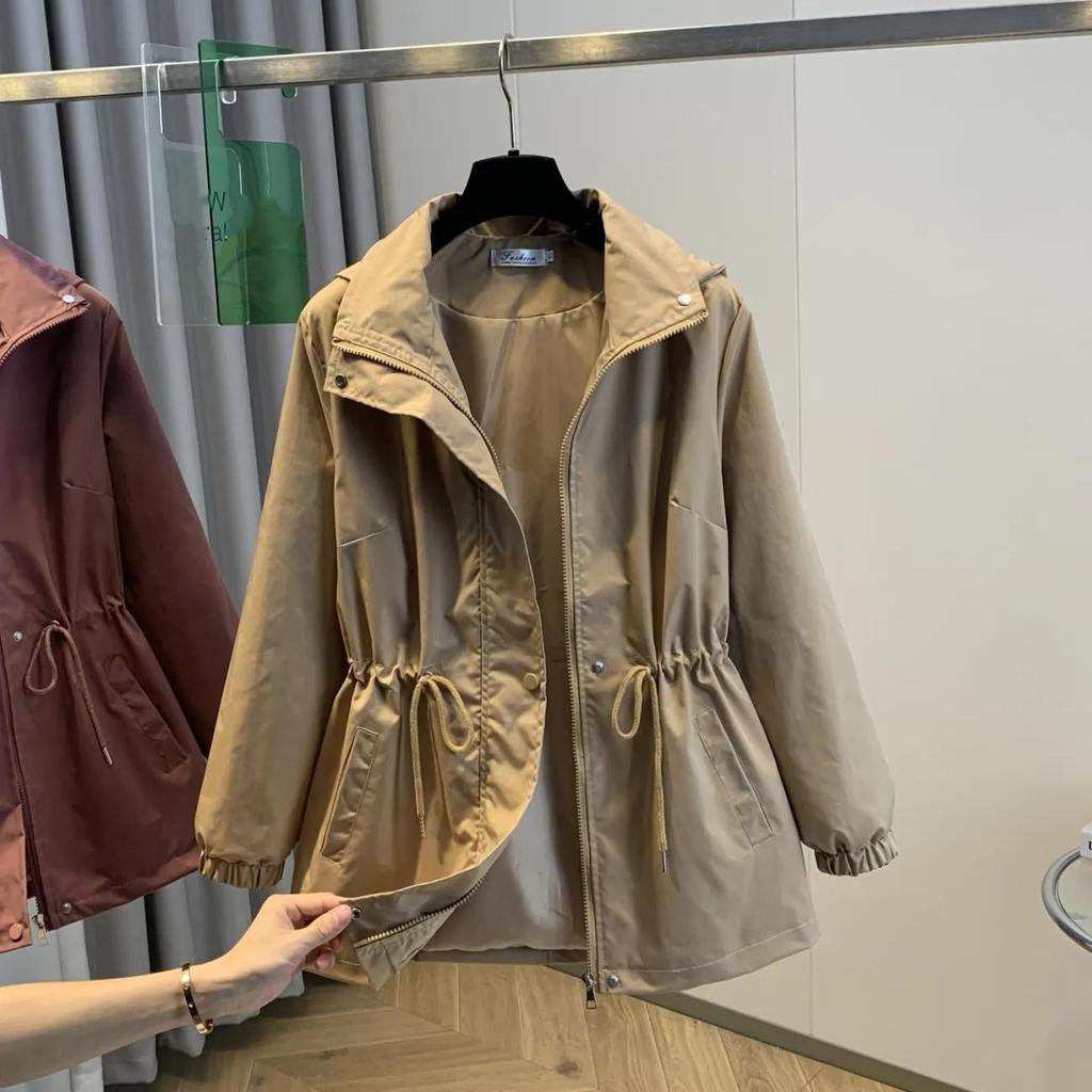 Damen Herbst Langarm Lässig Kapuzenjacke mit Reißverschluss Windbreaker Damen Trenchcoat Oberbekleidung Damen Übergröße Top