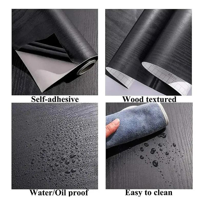 40Cm Household Black Wood Grain Simple Waterproof Home Decoration Oil Resistant Kitchen Cabinet Desktop Self-Adhesive Wallpaper