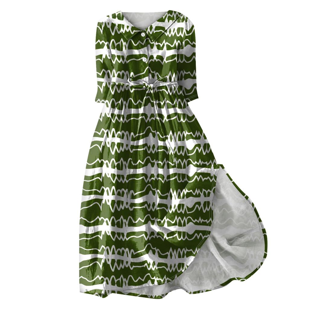 Modisches Kleid für Damen mit bedrucktem Umlegekragen und Knopfleiste, 3/4-Ärmeln und Trägern